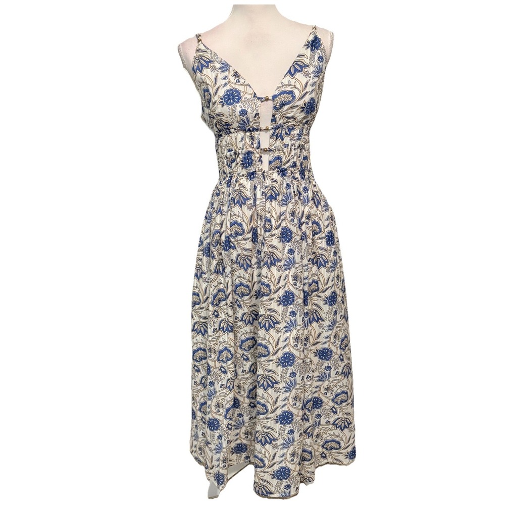 New Caroline Constas Smocked Bodice Cotton Lined Maxi Dress Blue Floral NWT Sz M